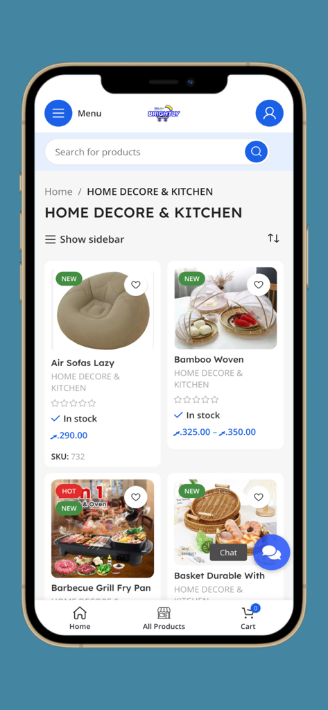 Brightly MV app showing home decor and kitchen products