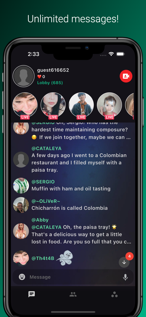 Interfaccia dell'app mobile ChatVideo Live che mostra uno stream di chat di gruppo con icone di profili utente live e il testo Messaggi illimitati.