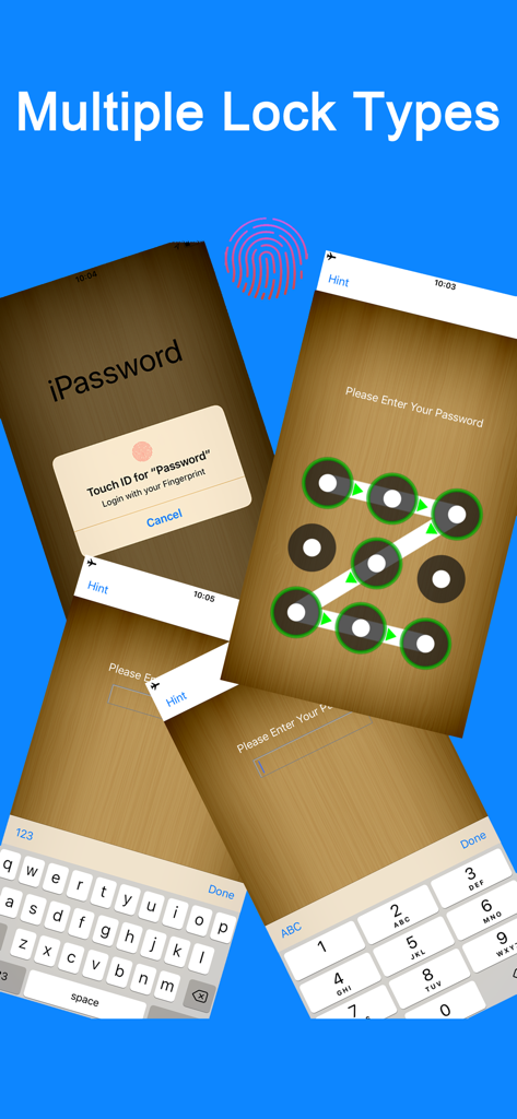 Password Manager- - Tela do aplicativo iPassword mostrando vários métodos de autenticação de segurança, incluindo Touch ID e bloqueio por padrão