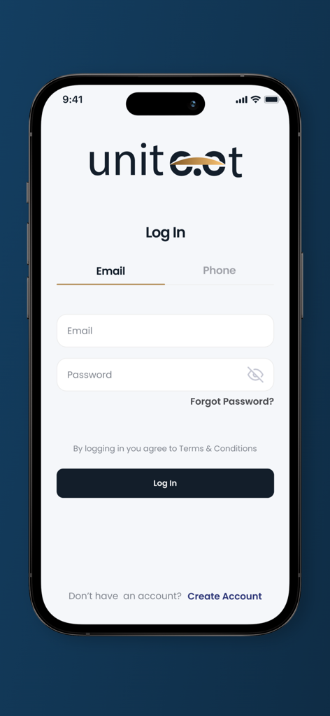 Unite.et - Login screen of the Unite.et mobile app for Ethiopian diaspora banking