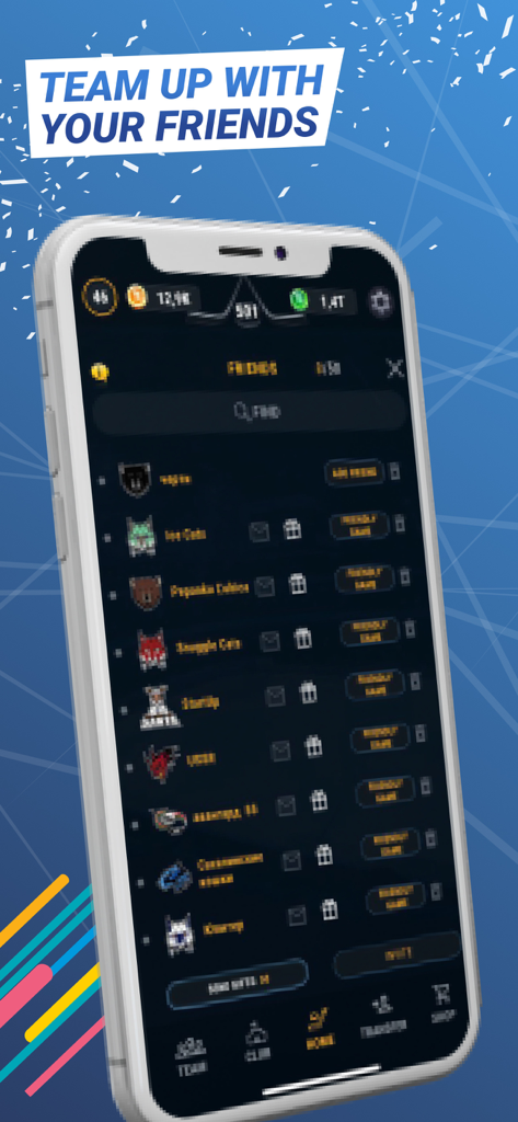 Big6: Hockey Manager NHL Stars - A smartphone showing the friends list and team management interface in the Big6 Hockey Manager mobile game.