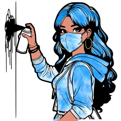 realistic girl with mask spray painting a wall