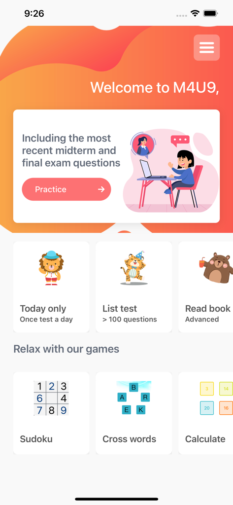 Algebra Practice app dashboard featuring math tests and educational games