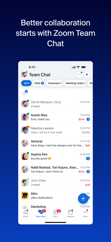 iPhone에서 직접 메시지와 채널을 보여주는 Zoom Workplace 팀 채팅 인터페이스 스크린샷