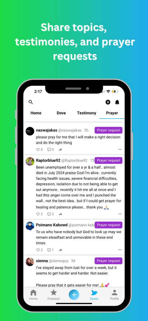theWell Christian Social Media - theWell app interface showing the prayer requests section with various user posts and community interactions