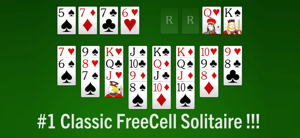 Classic FreeCell Solitaire game featuring large cards on a green table.