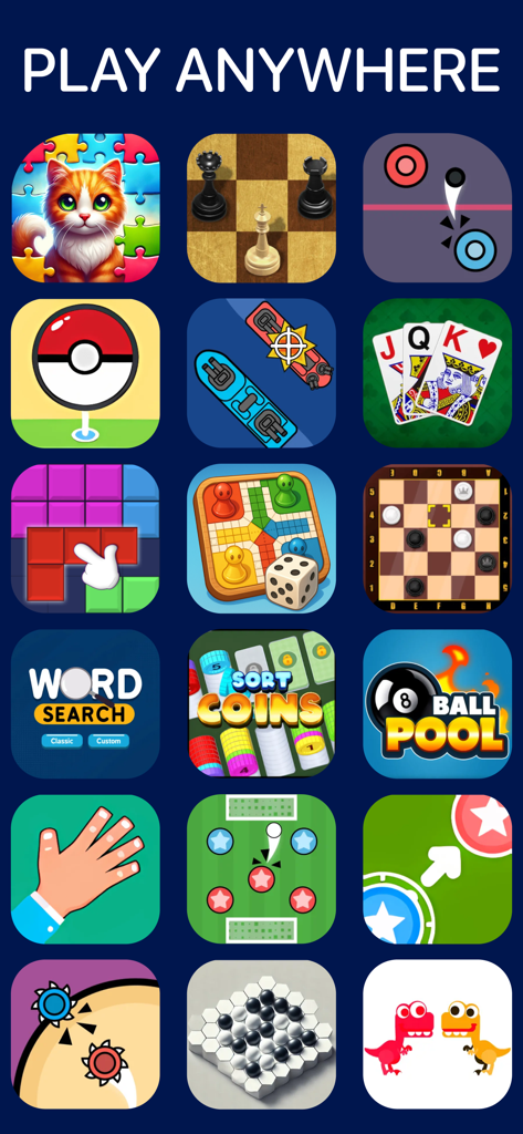 A grid display of various mini game icons for two players including chess, ludo, and pool.