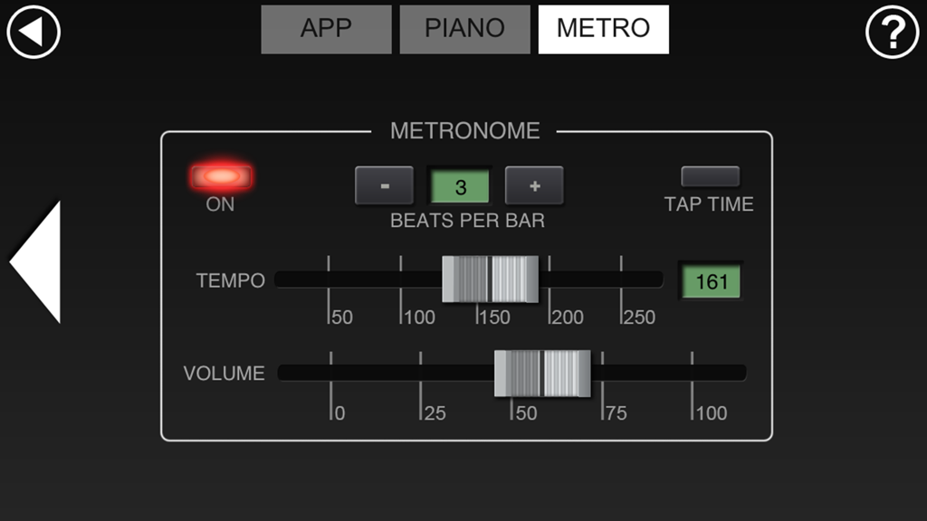 Pianist - Metronome settings interface in the Pianist app showing adjustable tempo, volume, and beats per bar