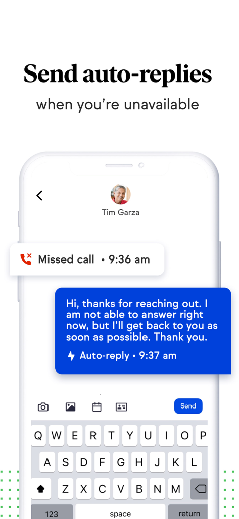 Keap Mobile - A smartphone screen displaying an automated business text response after a missed call in the Keap Mobile app.