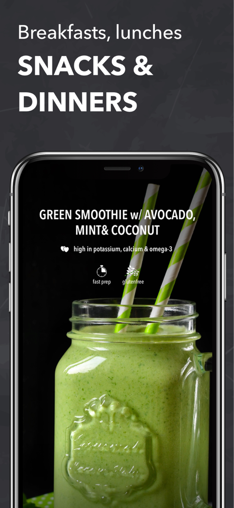 Green smoothie recipe with avocado and mint on the Keto Recipes app screen