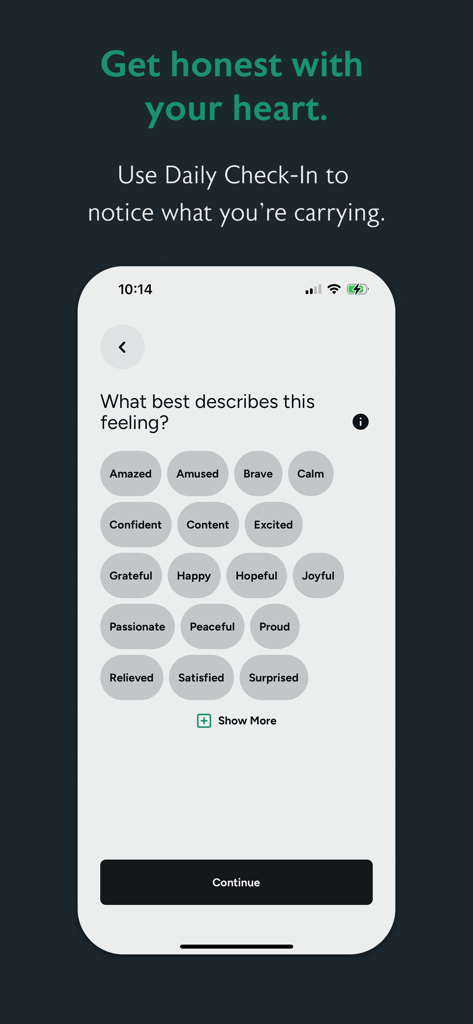 Pause: Prayer & Meditation - A mobile screen from the Pause app showing a Daily Check-In feature with various emotion labels to select.