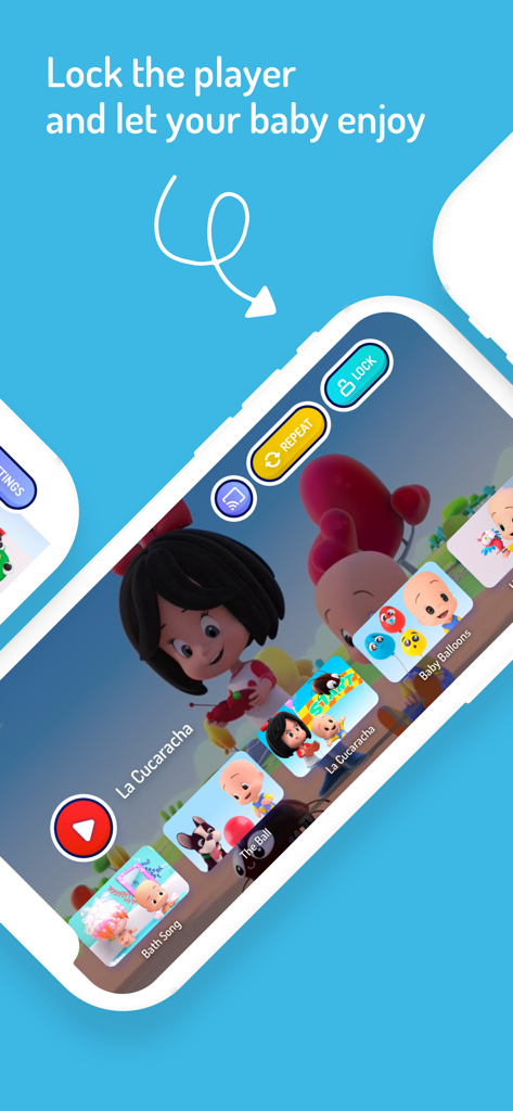 Cuquin - Baby Songs & Cartoons - Captura de pantalla de la aplicación Cuquin que resalta la función de bloqueo para padres para una reproducción de video segura para niños.