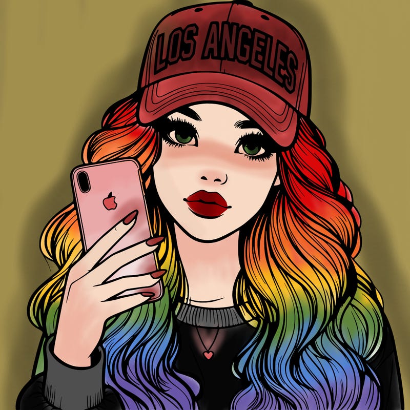 realistic beautiful girl wearing los ángeles cap holding an iphone