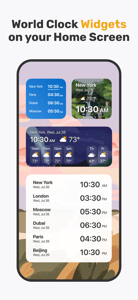 World Clock Widget & Weather - Widgets personalizables de reloj mundial y clima mostrados en la pantalla de inicio de un iPhone