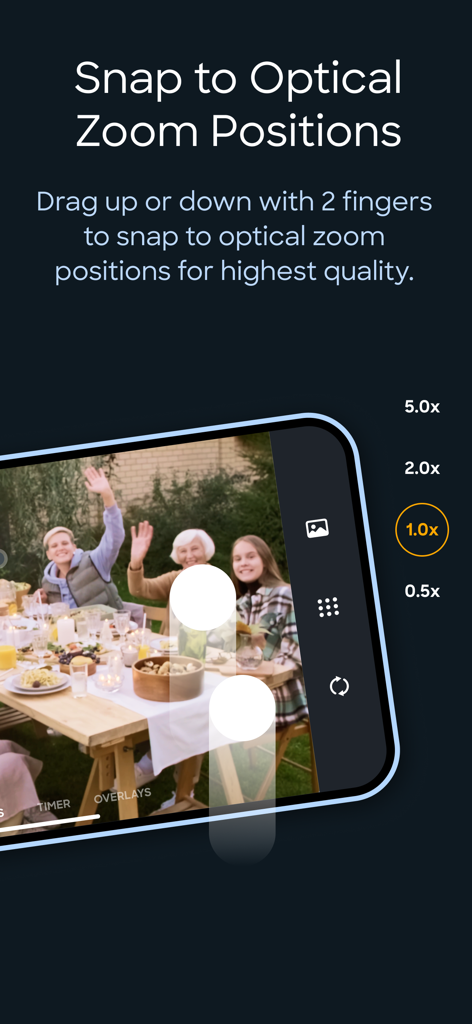 Interface of TapShot app showing optical zoom levels for high quality sports photography