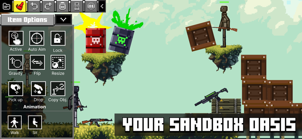 Gameplay-Screenshot von People Sandbox Workshop, der das Optionsmenü für Gegenstände und eine physikbasierte Pixel-Art-Umgebung zeigt.