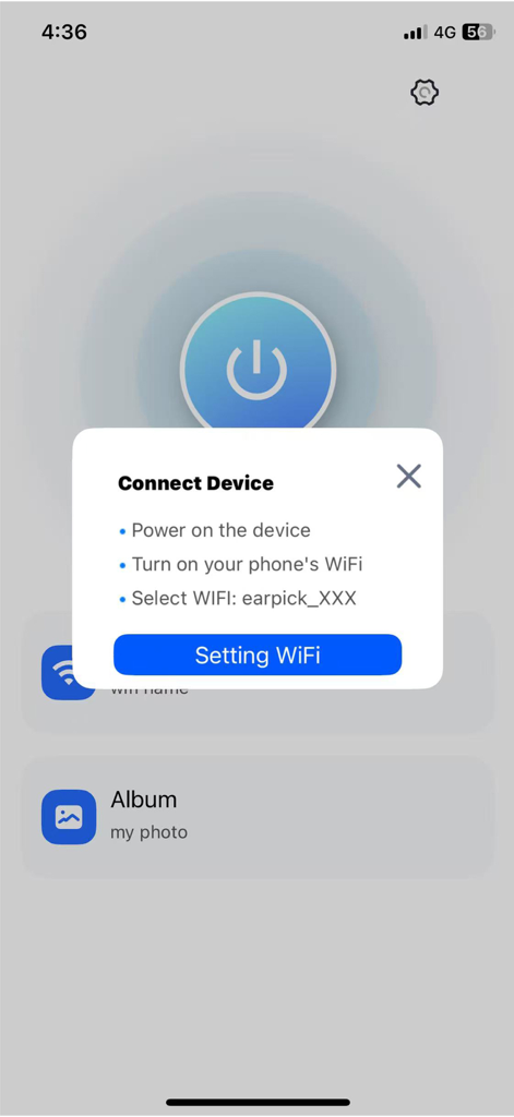 cucko - The Cucko app displaying a popup with steps to connect the wireless ear camera via WiFi