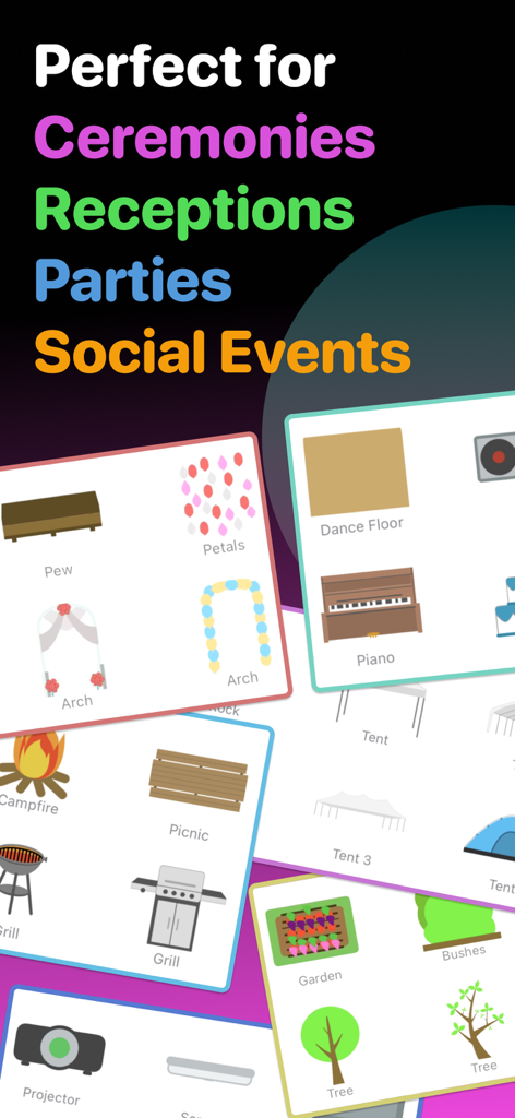 Uma biblioteca de ícones para planejamento de eventos, incluindo decorações de móveis e itens de paisagismo.