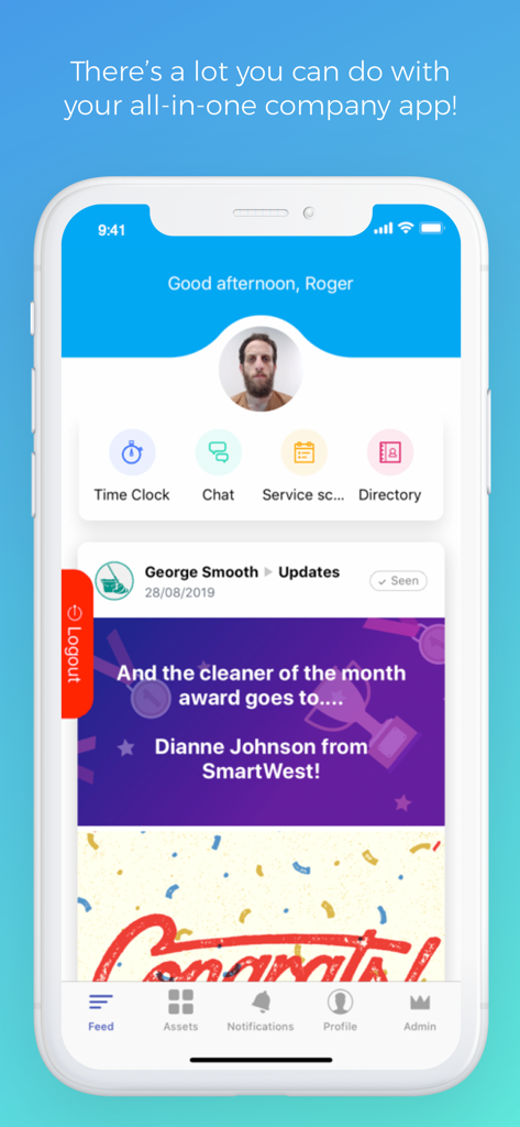 Connecteam Kiosk - Connecteam Kiosk app interface showing an employee dashboard with time clock and company updates