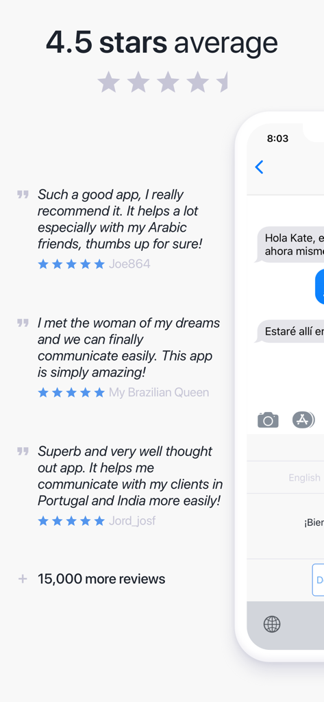 TransKey: Text Translator Chat - Screenshot of TransKey user reviews showing a 4.5 star rating and testimonials about easy communication in different languages