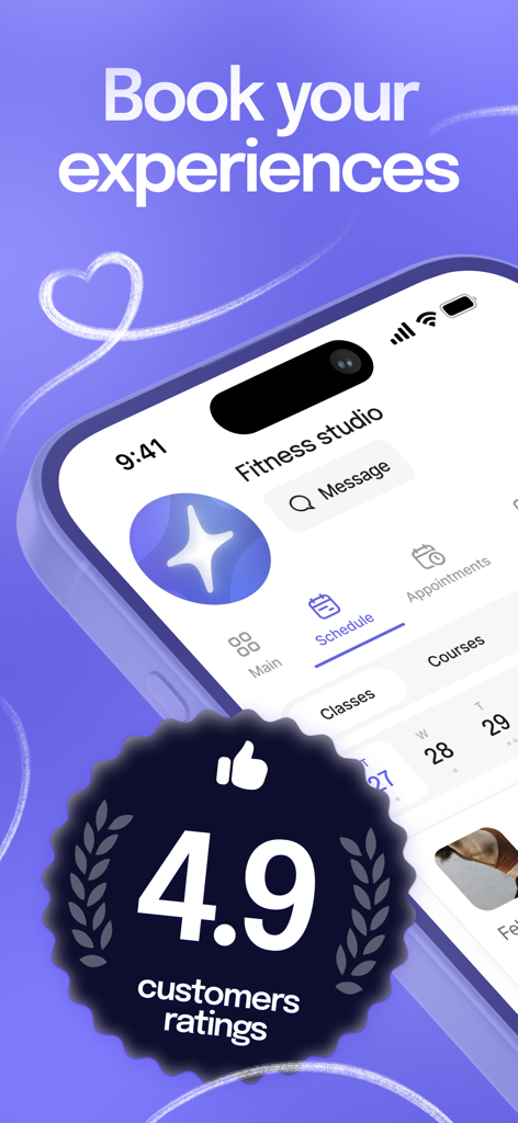 Momence - Momenceアプリのインターフェース。フィットネススタジオの予約スケジュールとカスタマー評価4.9のバッジが表示されています。