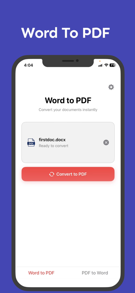 Word to PDF Converter: Doc2PDF - Interface of the Word to PDF Converter app showing a docx file ready for conversion with a red convert button