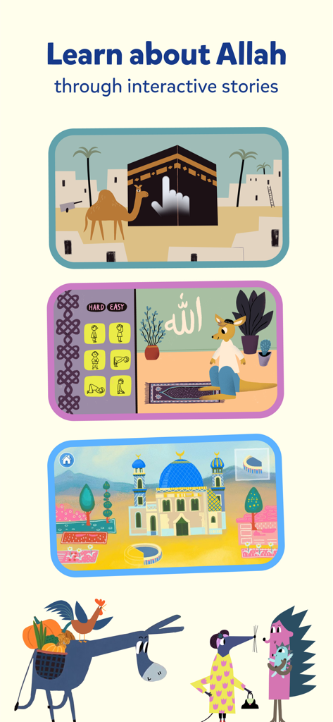 Educational Islamic app for children featuring interactive stories about Allah and Islamic practices like prayer.