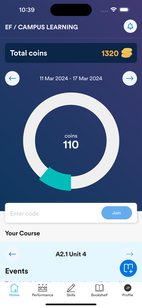 EF Campus Learning home screen showing weekly coin progress and course details