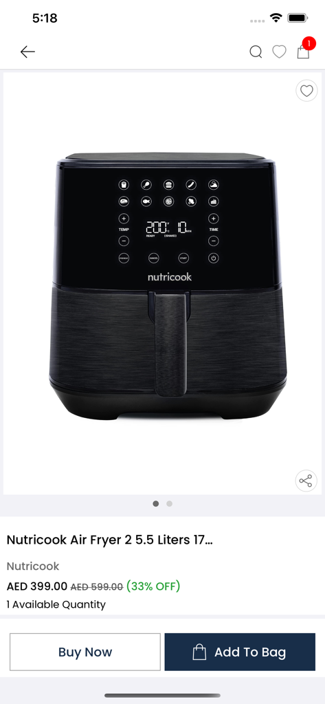 Product details page in the Flitit app for a Nutricook Air Fryer with discount pricing