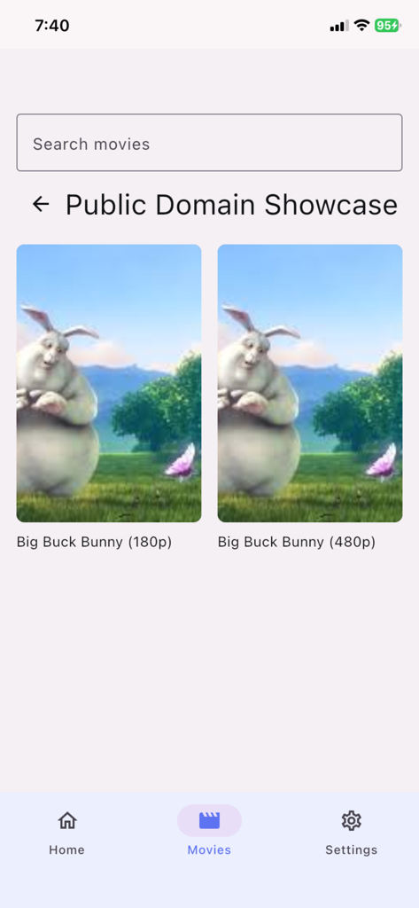 Wadaag TV - Wadaag TV app interface showing the public domain movie showcase section with different video resolutions
