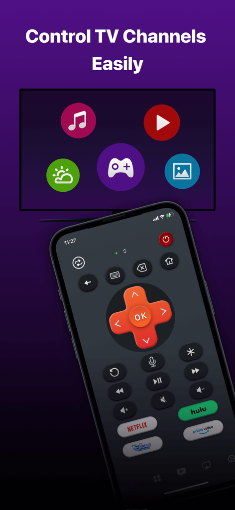 Smartphone screen showing a universal TV remote interface with streaming app shortcuts and a navigation pad