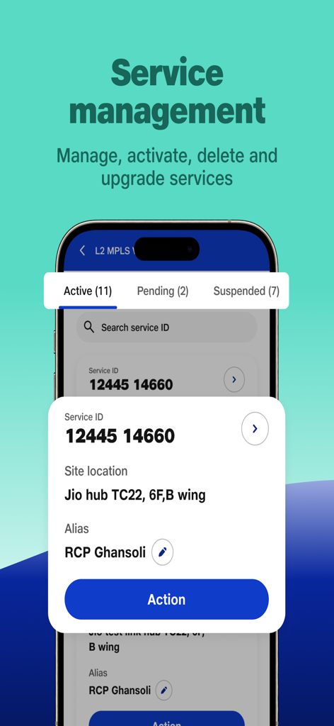 JioBusiness - JioBusiness app service management screen showing active services and site location details on a mobile device