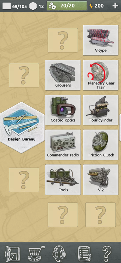 Doodle Tanks Blitz gameplay screen showing various tank components in the Design Bureau inventory.