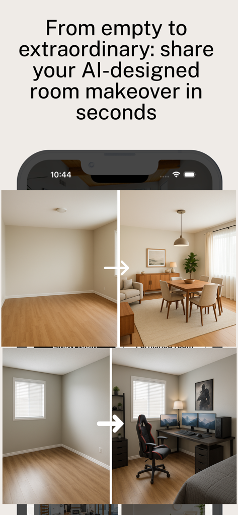 Interior Design AI: Roomify - Before and after comparison of empty rooms transformed into a dining room and home office using AI interior design.