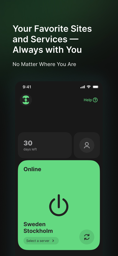SHIVA: Safe, Fast, Private - Aplicación móvil SHIVA VPN que muestra una conexión activa a un servidor en Estocolmo, Suecia