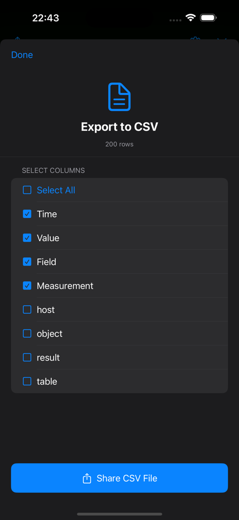 Interfaccia per l'esportazione di dati InfluxDB in un file CSV, mostrando la selezione delle colonne per Tempo, Valore, Campo e Misurazione.