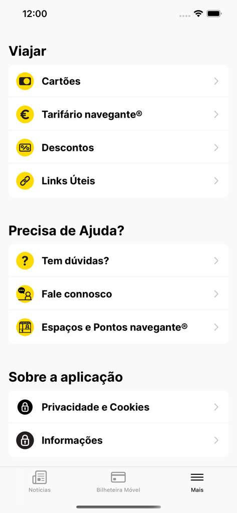 navegante® - Pantalla del menú 'más' de la app navegante mostrando categorías para ayuda de viaje e información de la app