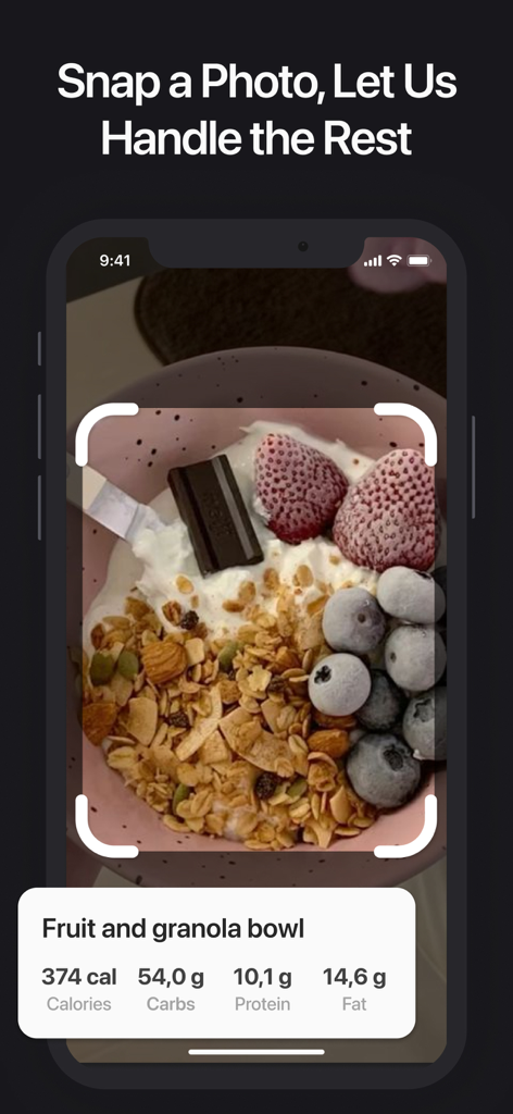 Calorie AI - Tracker & Counter - Calorie AI app using photo recognition to calculate calories and macros for a fruit and granola bowl