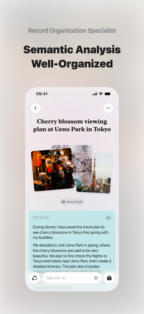 A mobile screen showing ideaShell app with a well-organized travel plan note including AI-transcribed text and images.
