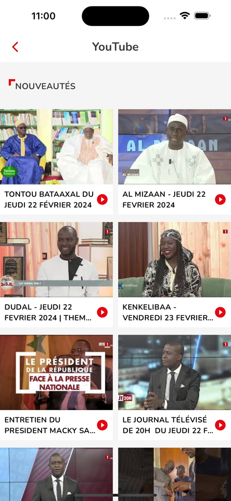 RTS L'Officiel app interface showing a grid of Senegalese news and television program replays