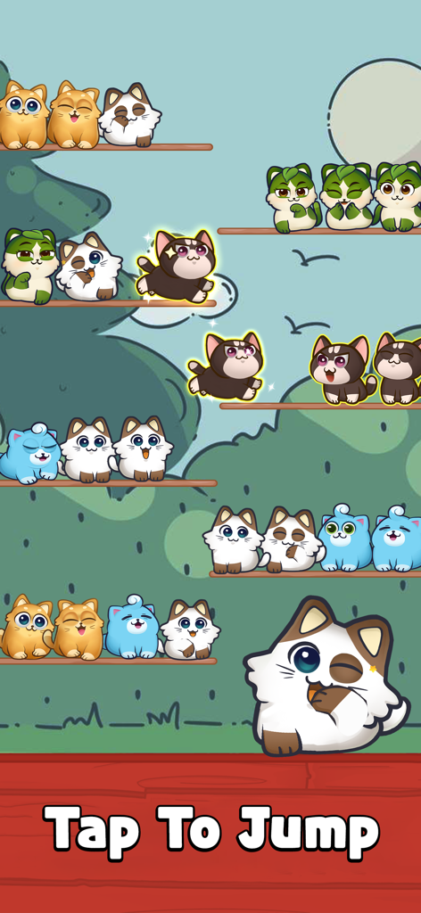 かわいいカラフルな子猫が枝の上でソートされているモバイルゲーム画面。タップしてジャンプという指示が表示されている。