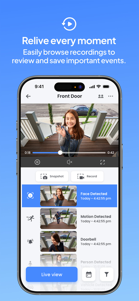 Lorex Classic App-Bildschirm, der eine Zeitleiste aufgezeichneter Sicherheitsereignisse wie Gesichts- und Bewegungserkennung von einer Haustürkamera zeigt