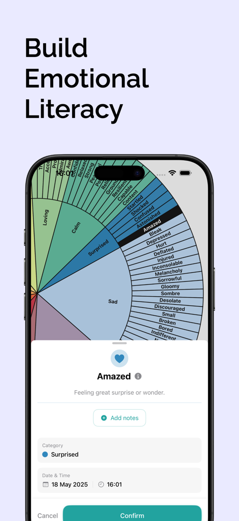 Feeling Wheel - Feeling Wheel app interface showing a colorful emotion wheel and a mood entry screen for the emotion Amazed