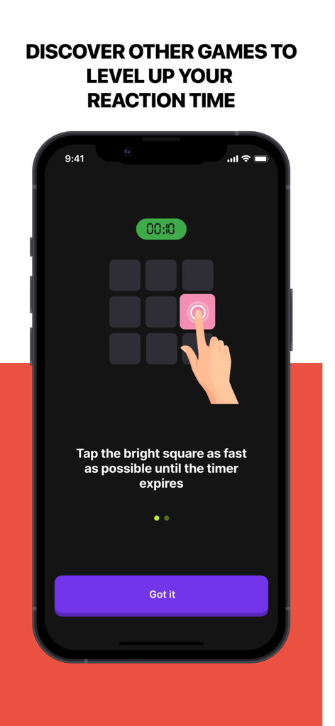 Reaction Time & Reflex Test - Tela de tutorial para um jogo de tempo de reação com instruções para tocar em um quadrado brilhante em uma grade