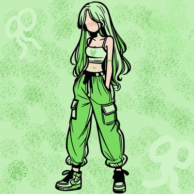 girl in baggy pants crop top and long hair