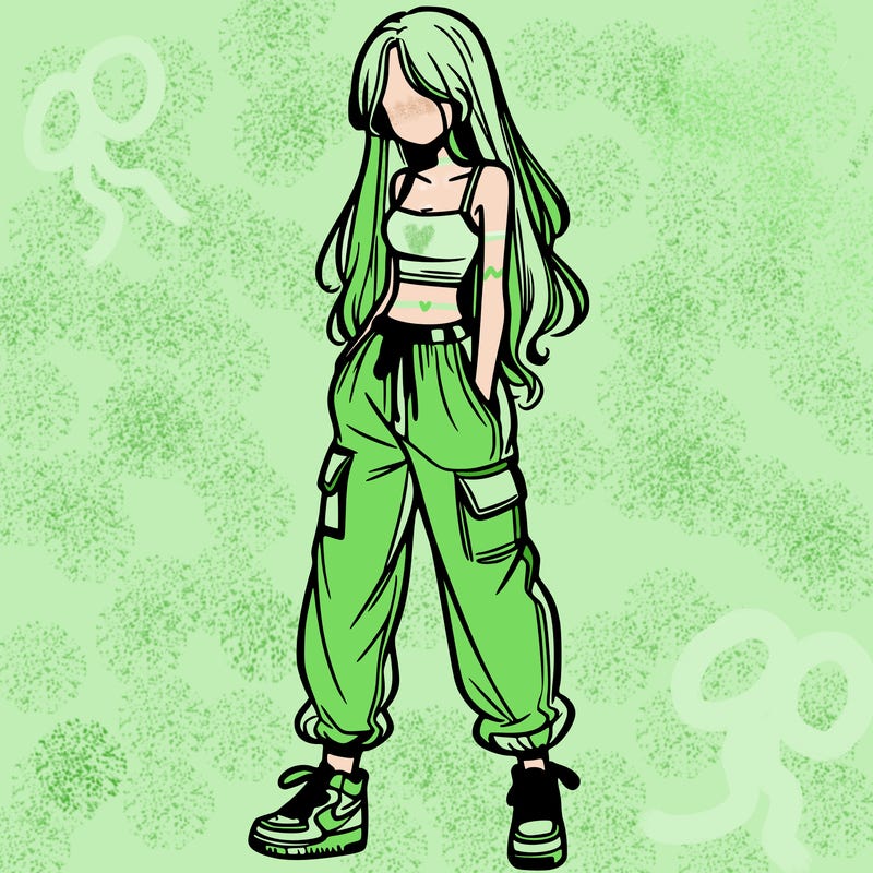 girl in baggy pants crop top and long hair