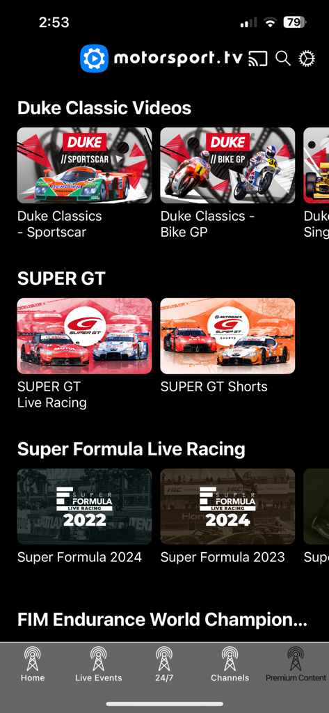 Motorsport.tv app home screen featuring live racing and classic video content
