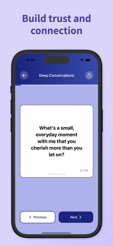 Tuff Questions - Couple Game - Pantalla de smartphone que muestra una pregunta profunda de la aplicación Tuff Questions para parejas.