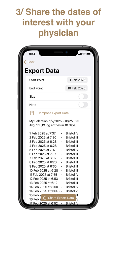 Una pantalla móvil que muestra un registro detallado de deposiciones categorizadas por la escala de heces de Bristol para exportación médica.