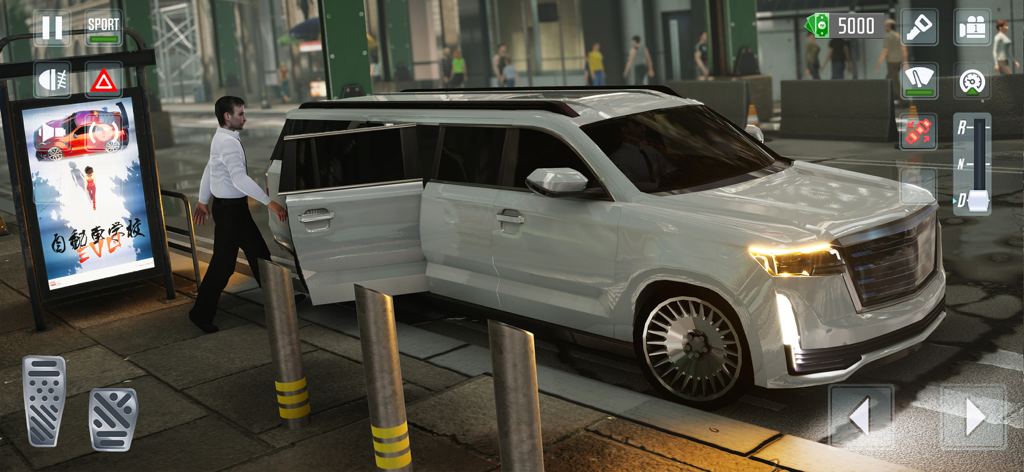 Taxi Car Simulator : EVO - A white luxury SUV with an open door in a city street from Taxi Car Simulator EVO.